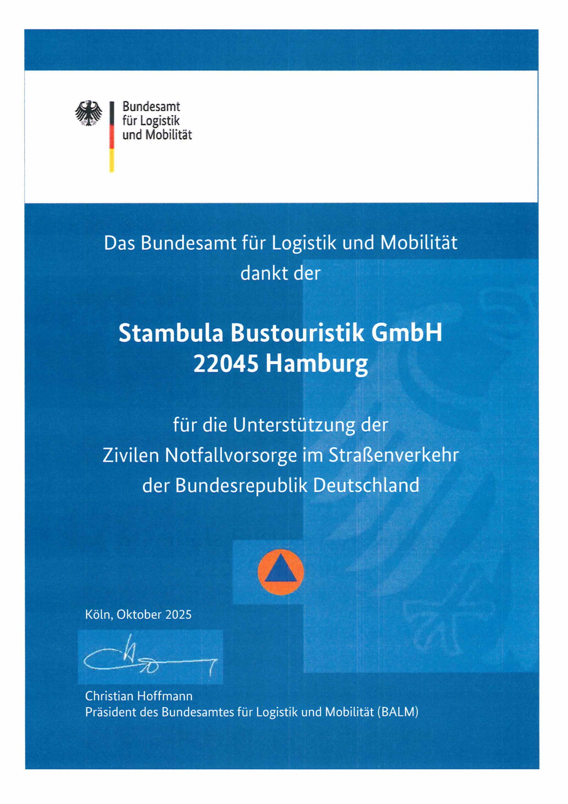 Urkunde des Bundesamtes für Logistik und Mobilität an die Stambula Bustouristik GmbH für die Unterstützung der zivilen Notfallvorsorge im Straßenverkehr.