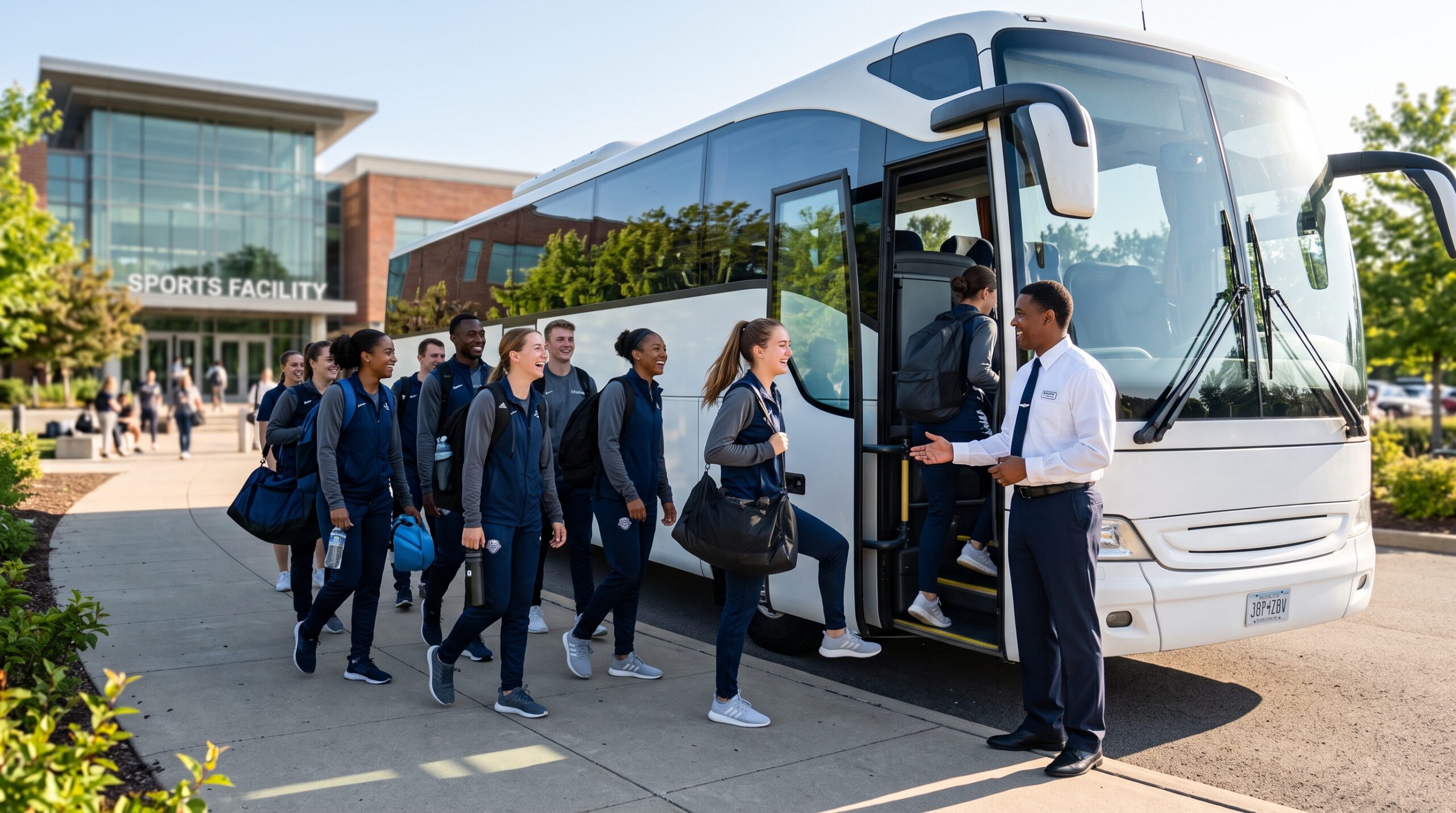mannschaftsbus-mieten-stambula Moderner Mannschaftsbus von Stambula mit Sportteam beim Einsteigen vor dem Auswärtsspiel