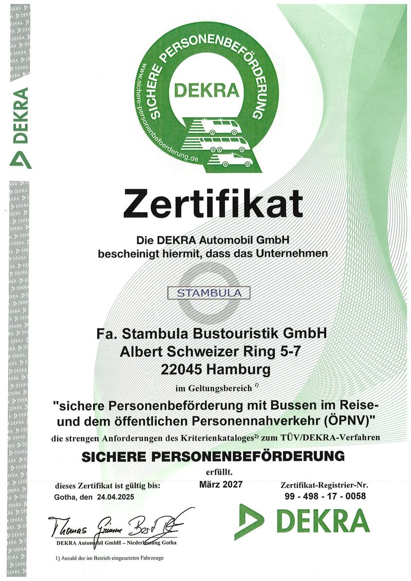 DEKRA-Zertifikat Stambula Bustouristik – Bus- und ÖPNV-Verkehr