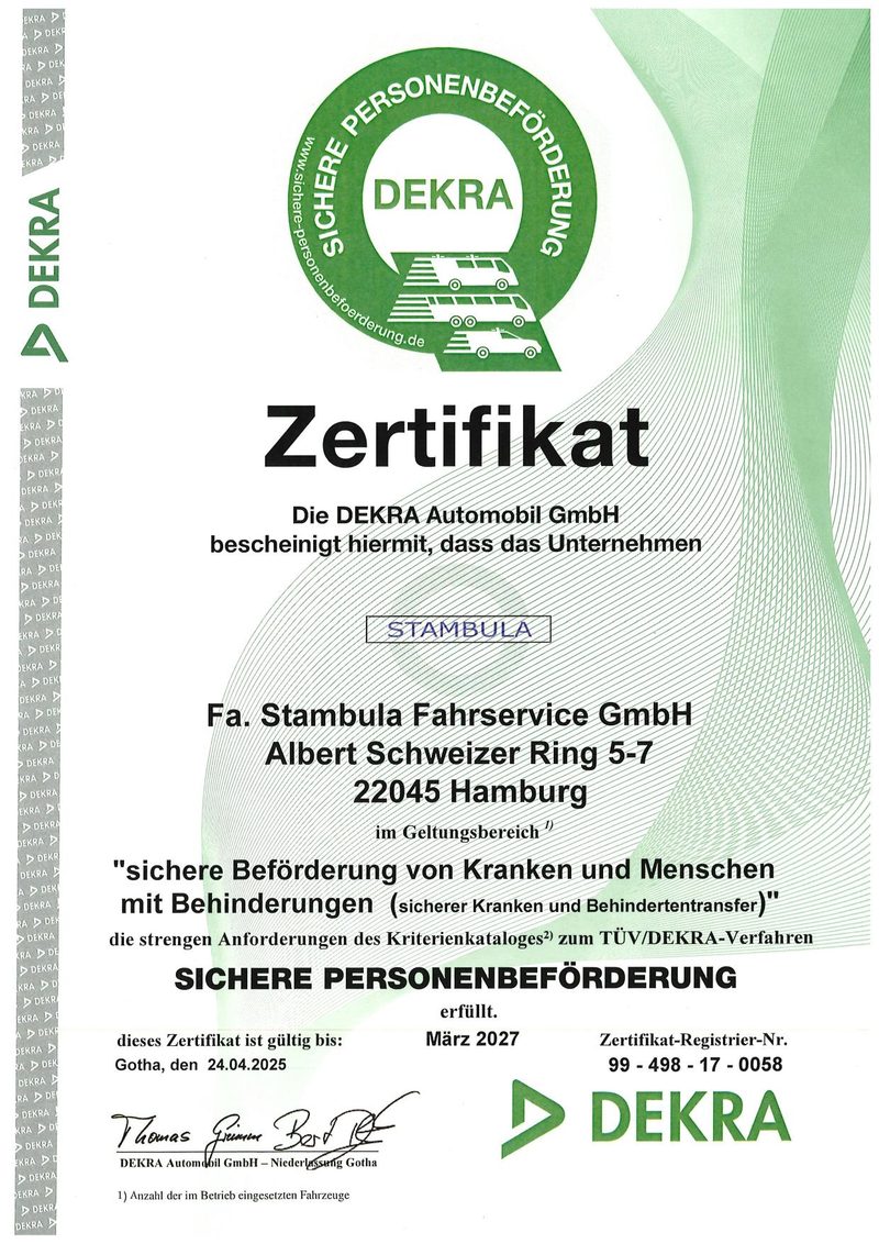 DEKRA-Zertifikat Stambula Fahrservice – Kranken- und Behindertentransfer